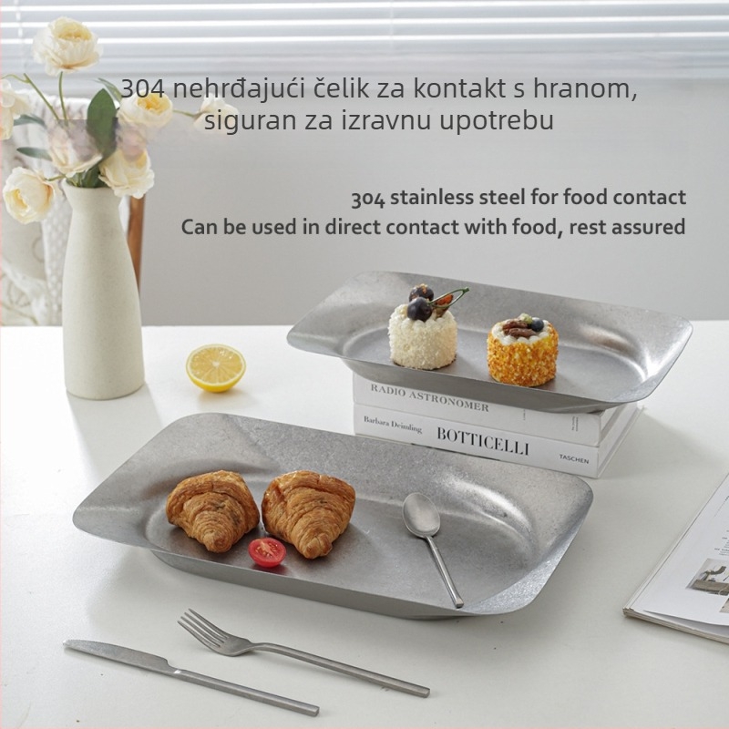 Dekorativni pladanj od nehrđajućeg čelika, retro stil, asimetričan oblik kružno-pravokutni s dubokim dnom za voće i grickalice
