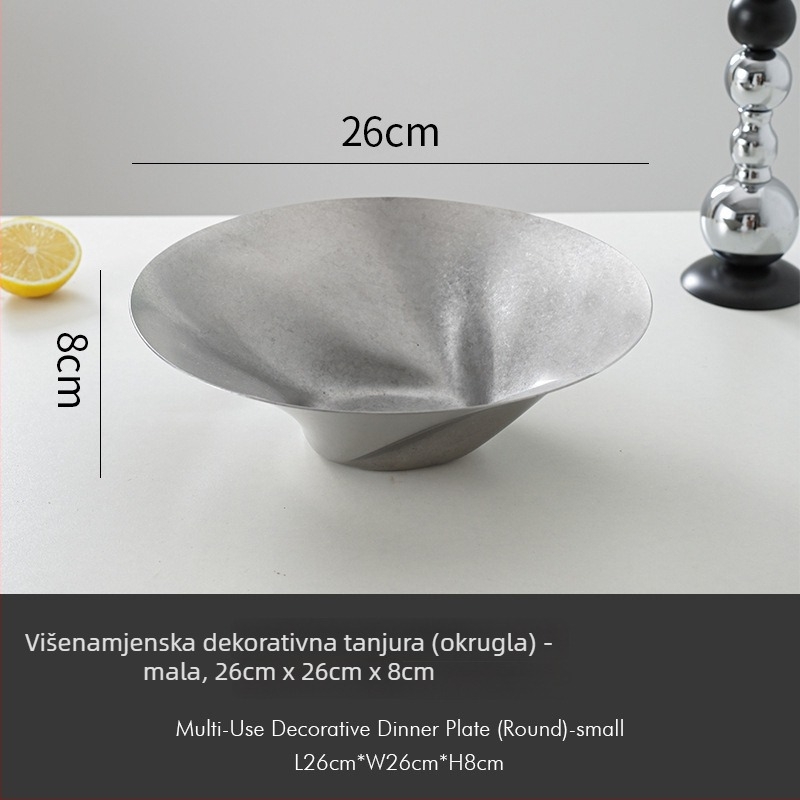 Dekorativni pladanj od nehrđajućeg čelika, retro stil, asimetričan oblik kružno-pravokutni s dubokim dnom za voće i grickalice
