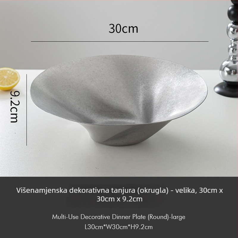 Dekorativni pladanj od nehrđajućeg čelika, retro stil, asimetričan oblik kružno-pravokutni s dubokim dnom za voće i grickalice