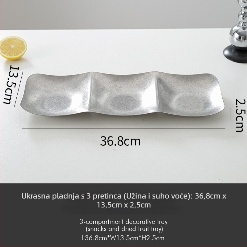 Dekorativni pladanj od nehrđajućeg čelika, retro stil, asimetričan oblik kružno-pravokutni s dubokim dnom za voće i grickalice