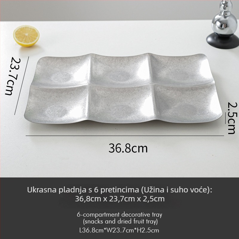 Dekorativni pladanj od nehrđajućeg čelika, retro stil, asimetričan oblik kružno-pravokutni s dubokim dnom za voće i grickalice