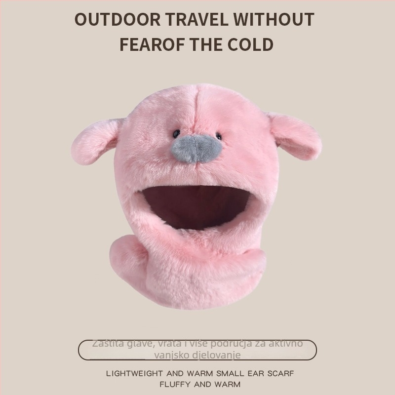 Zimska kapa dva u jedan s ušnim kapama i integriranim ovratnikom, pliš materijal, kupolasti oblik