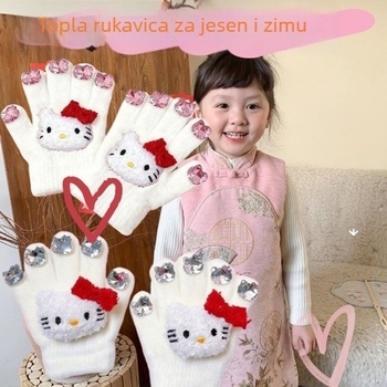 Dječje pletene rukavice s pet prstiju i Kitty motivom, zadržavaju toplinu zimi i jeseni, za djevojčice od 3 do 8 godina.