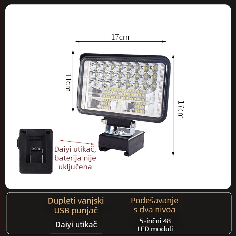 LED radna svjetiljka na bateriju – univerzalna, 100W, 12–80V, 5000K, trajanje LED 5000 h, aluminijsko-plastično kućište
