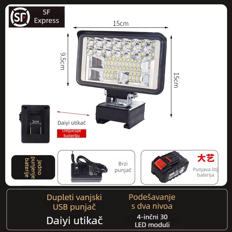LED radna svjetiljka na bateriju – univerzalna, 100W, 12–80V, 5000K, trajanje LED 5000 h, aluminijsko-plastično kućište