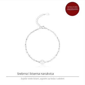 S925 srebrna narukvica s prirodnim sladkovodnim biserima za žene, minimalistički geometrijski dizajn, retro stil