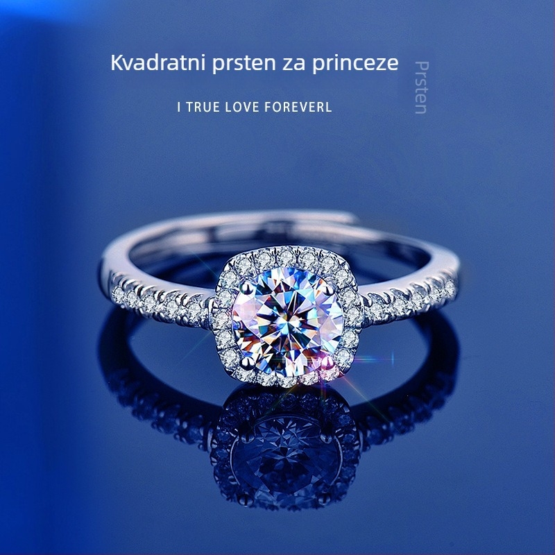 Prsten s moissanitom od 1 karata u srebru 925, otvoreni geometrijski dizajn, mikro-inlej, za žene, lagani luksuz, 2,6 g