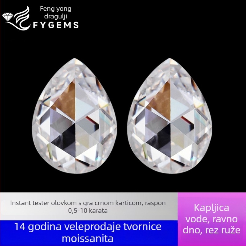 Moissanit slobodan kamen, kapkovitog oblika s rose-cut rezom, D/DEF razred, ravna baza, proziranobijela, poliran završetak, čistoća VVS