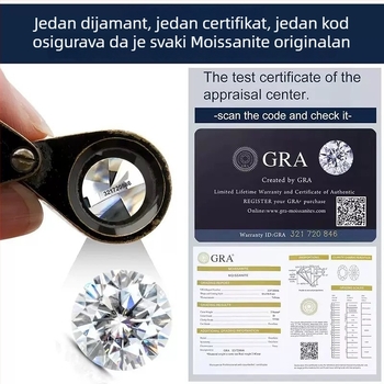 Okrugli moissanit, osam srca i osam strijela, boja D, čistoća VS, neobrađeni kamen, za lančić, prsten i naušnice, s certifikatom