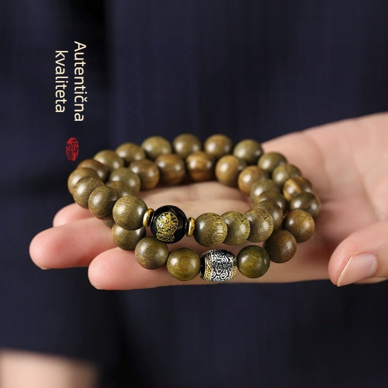 Zlatni Nanmu dvostruka narukvica od kuglica, 12 mm, budistički molitveni perle s dvanaest kineskih zodijaka, unisex