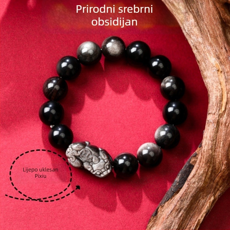 Narukvica od obsidijana Pixiu – unisex, gravirana, set od 16 komada, Novi kineski stil, tema zodijaka