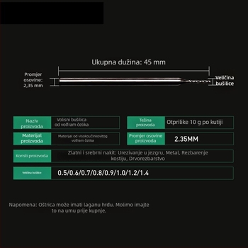 Vijak od volframskog čelika za bušenje i proširivanje rupa u nakitu (zlatno i srebro), jantar, pčelinji vosak, budističke perle; spiralno bušenje za drvo i metal