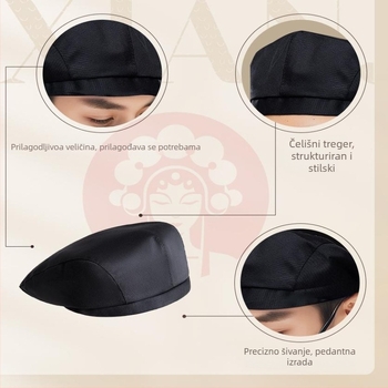 Šešir kuhara beret za catering – pamuk, unisex, plosnat vrh, kratka rub, izšivanje, ljeto 2025 izlazak