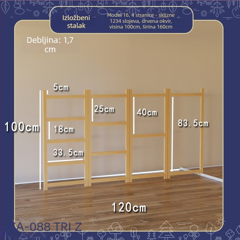 Drveni stalak za izložbu dječjih radova, s tri razine, umjetnički stil, proljeće 2025