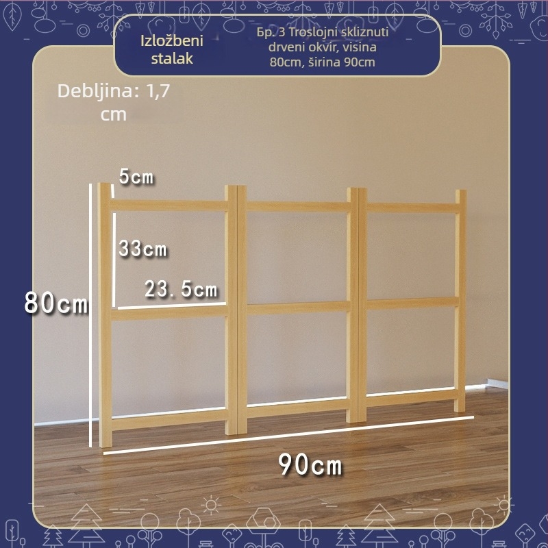 Drveni stalak za izložbu dječjih radova, s tri razine, umjetnički stil, proljeće 2025