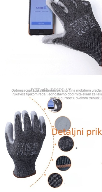 GL199-5 rukavice za rukovanje staklom, razina 5 otpornosti na rezanje, PU premaz, kompatibilne s dodirnim zaslonom, otporne na ogrebotine