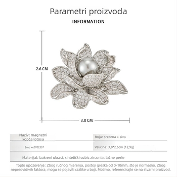 Broš — bakreni materijal; ženski stil, lagani luksuz; oblik: cvijet; mikro pavé; magnetska kopča.
