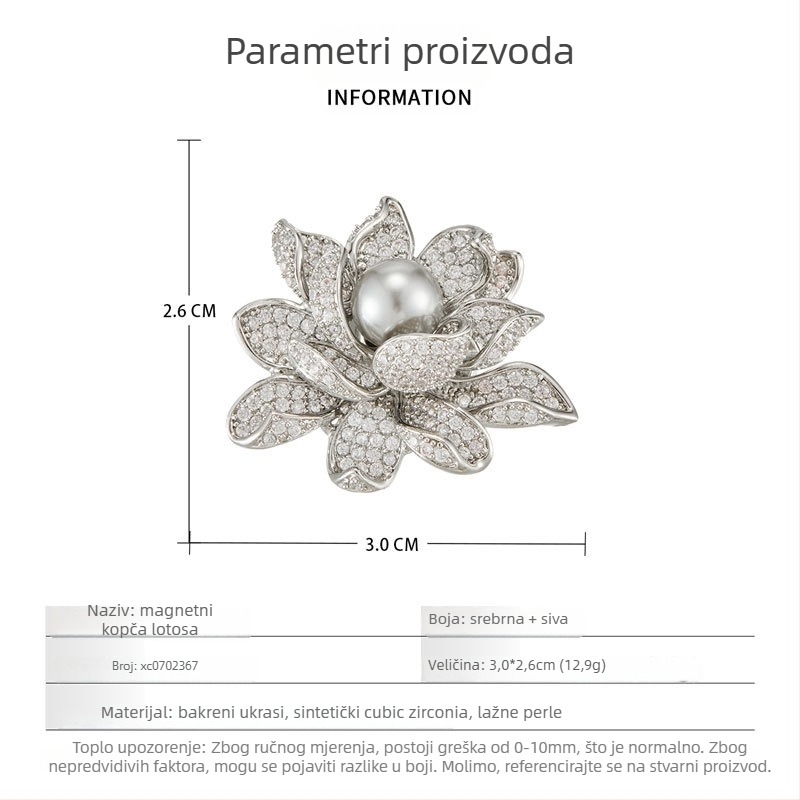 Broš — bakreni materijal; ženski stil, lagani luksuz; oblik: cvijet; mikro pavé; magnetska kopča.