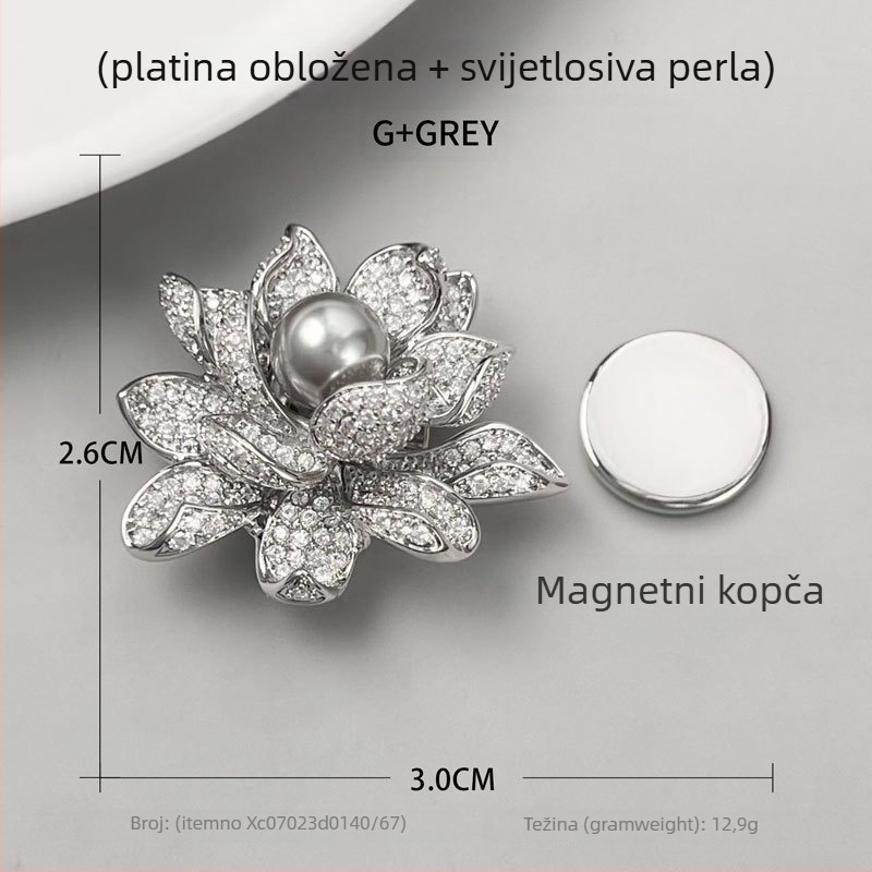Broš — bakreni materijal; ženski stil, lagani luksuz; oblik: cvijet; mikro pavé; magnetska kopča.