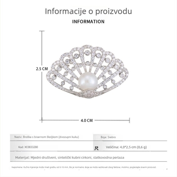 Broša u obliku školjke od bakrene legure s mikro paviranim cirkonijom i bisernom perlom, lagani luksuzni stil, ženski dodatak