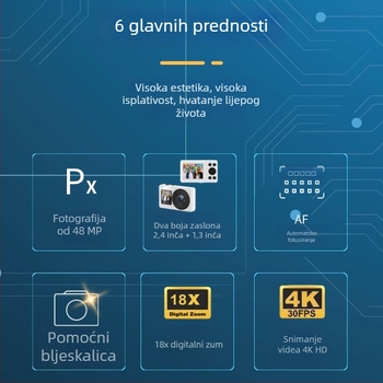 Studentska digitalna kamera s dvostrukim zaslonom — 4K/30fps, 18x optični zum, CMOS senzor, autofokus