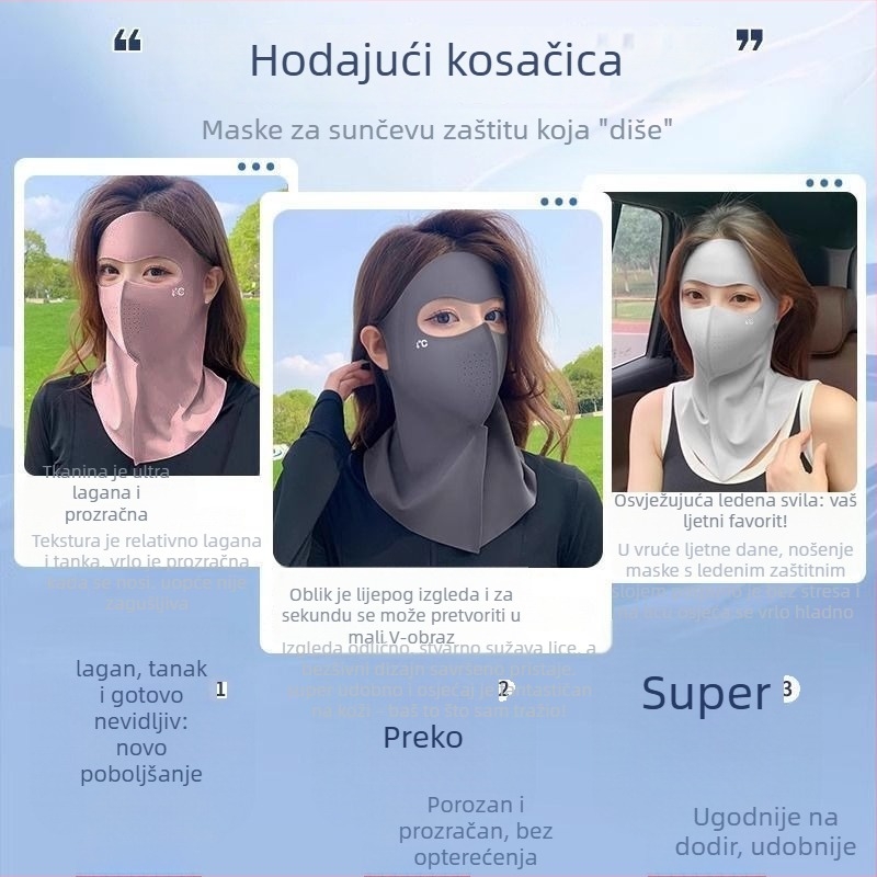 Maska za potpuno lice s integriranom zaštitom vrata, sunčana zaštita, od ice silk materijala, poliesterska smjesa, proljeće 2025, prozračna