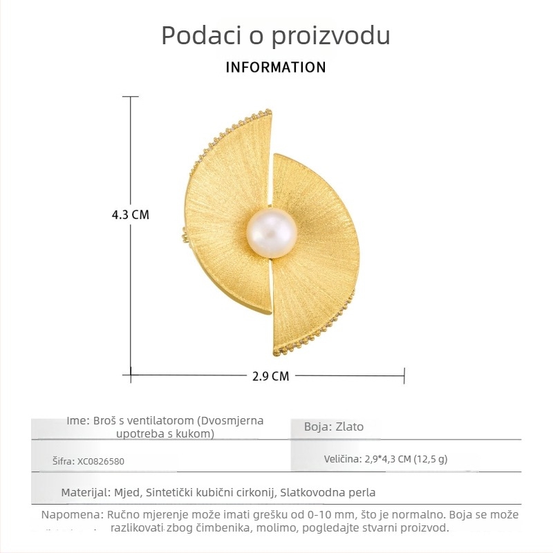 Broš u obliku fan forme, od pozlaćene bakrene legure, elektroplating, biserna perla slatkovodna