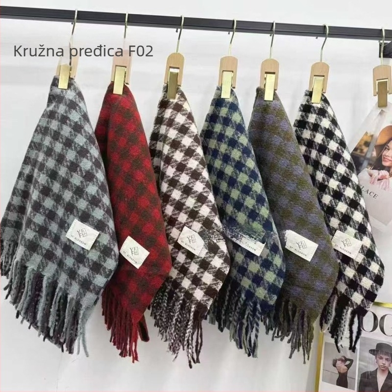 Šal s malim karirima u uzorku houndstooth, umjetni kašmir, warp-knit tkanina, 100% poliester, produžena duljina, minimalističan i svestran, grije zimu 2024