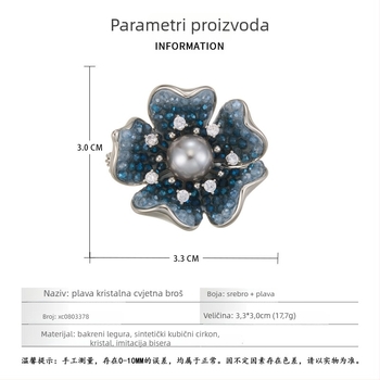 Broš cvijet od bakrenog legura sa cirkonima, kristalni dizajn, visoka kvaliteta, elektropolirana završna obrada