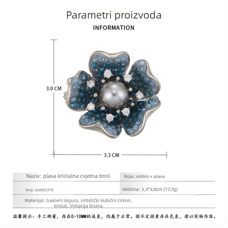 Broš cvijet od bakrenog legura sa cirkonima, kristalni dizajn, visoka kvaliteta, elektropolirana završna obrada
