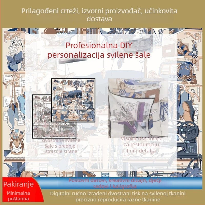 Dvostrano otisnuti svileni šal, svila dud, jednostavna tkanina, četvrtasti oblik, proljeće