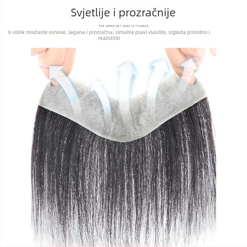 Muška perika za liniju čela – potpuno ručno tkana, prava ljudska kosa, može se bojiti ili kovrčati, pogodno za sve tonove kože.