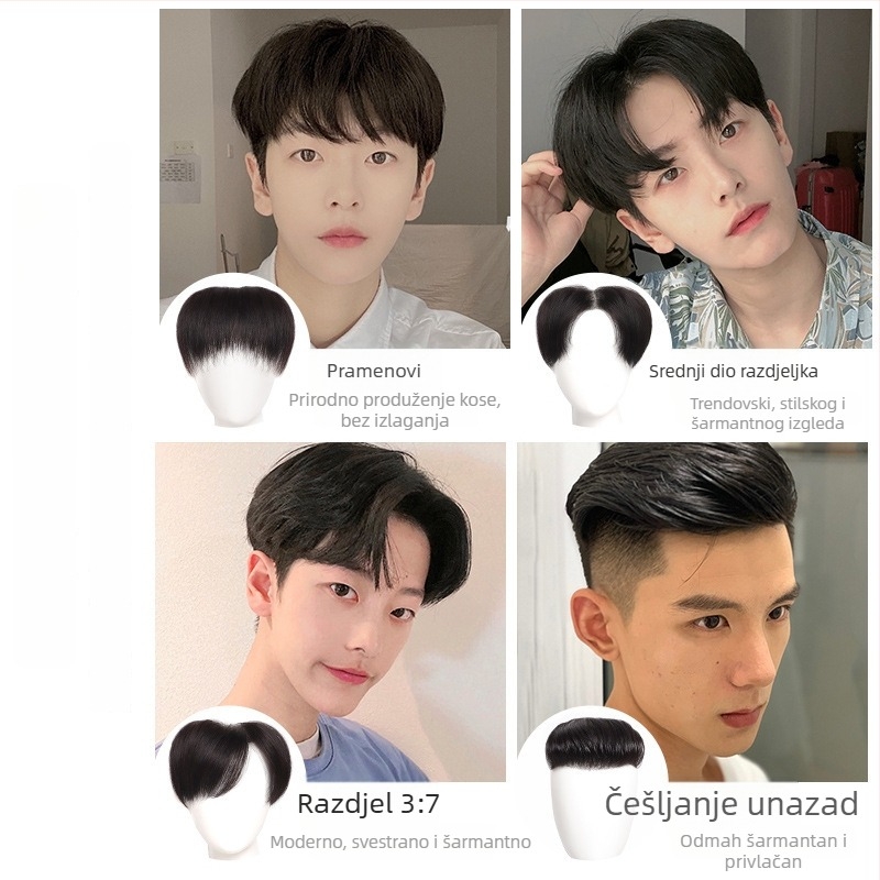 Muški dio kose za čelo, nevidljiva linija kose, pravi kosa na vrhu, kratka duljina, ručno tkano