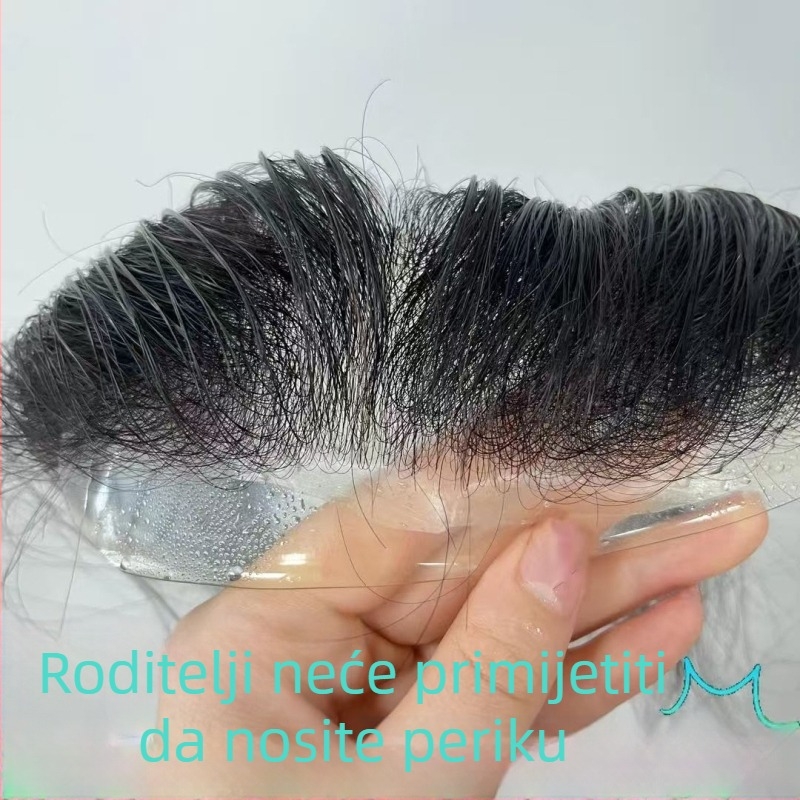 Muška perika s frontalnim bangsima, prirodna linija kose, potpuno ručno tkanа, kratka duljina, od pravih vlasi