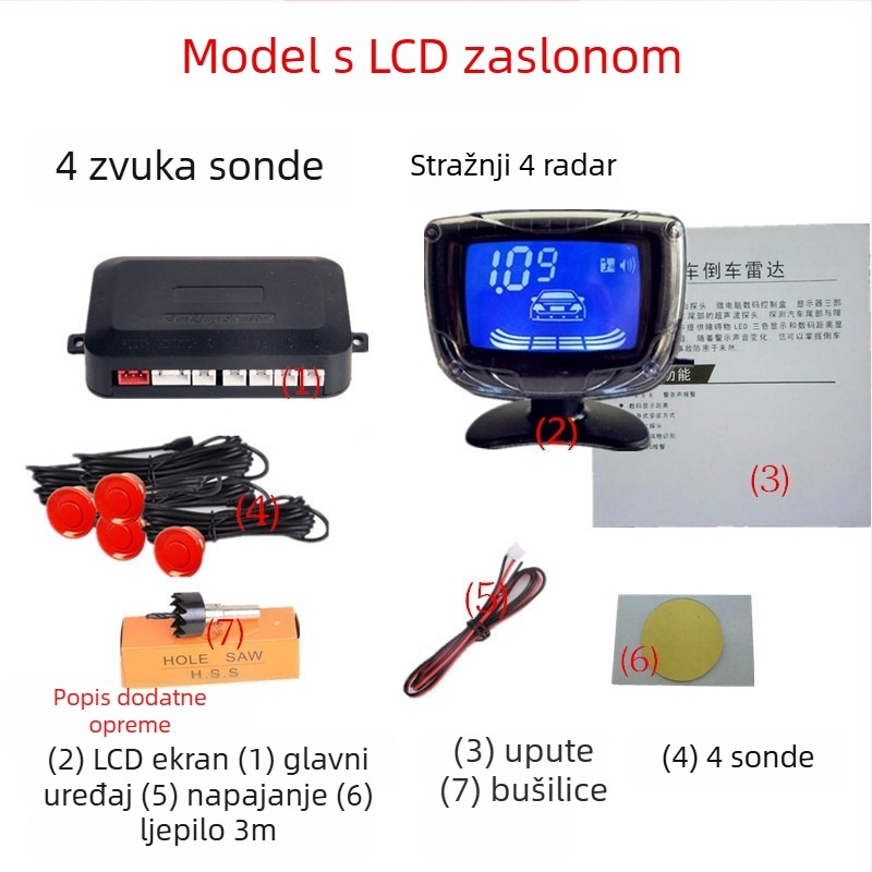 Radar za vožnju unatrag za automobil s 4/6/8 senzora, pravi glasovni signal, polukružni LCD TFT zaslon, model SP-89-1