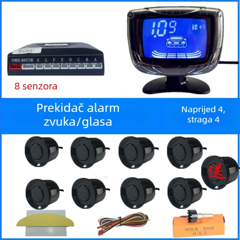 Radar za vožnju unatrag za automobil s 4/6/8 senzora, pravi glasovni signal, polukružni LCD TFT zaslon, model SP-89-1