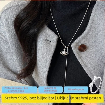Saturnov privjesak od srebra 925, na lančiću za pulover, dugi privjesak, geometrijski oblik