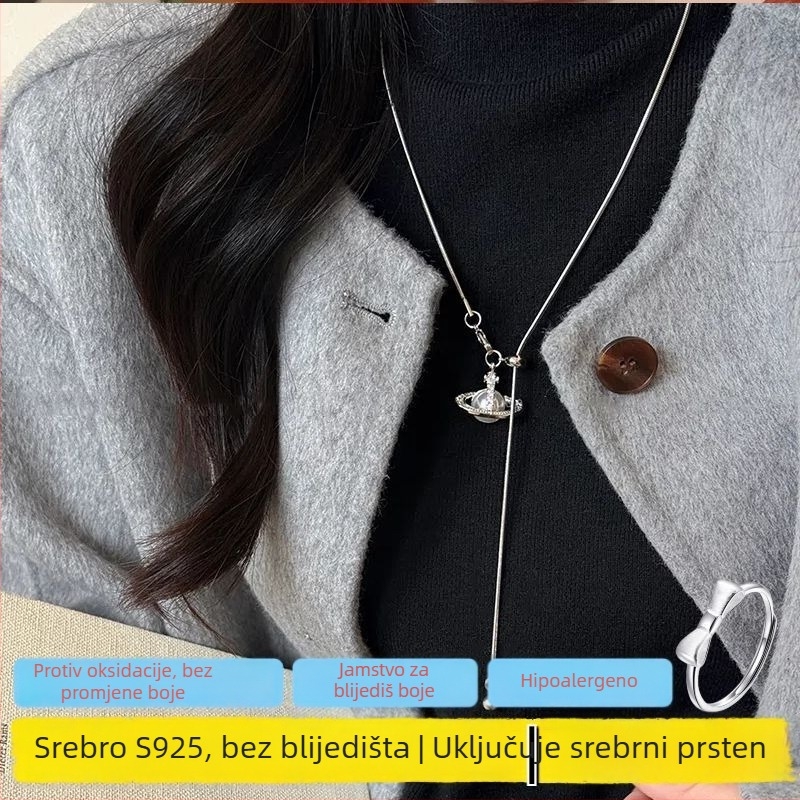 Saturnov privjesak od srebra 925, na lančiću za pulover, dugi privjesak, geometrijski oblik