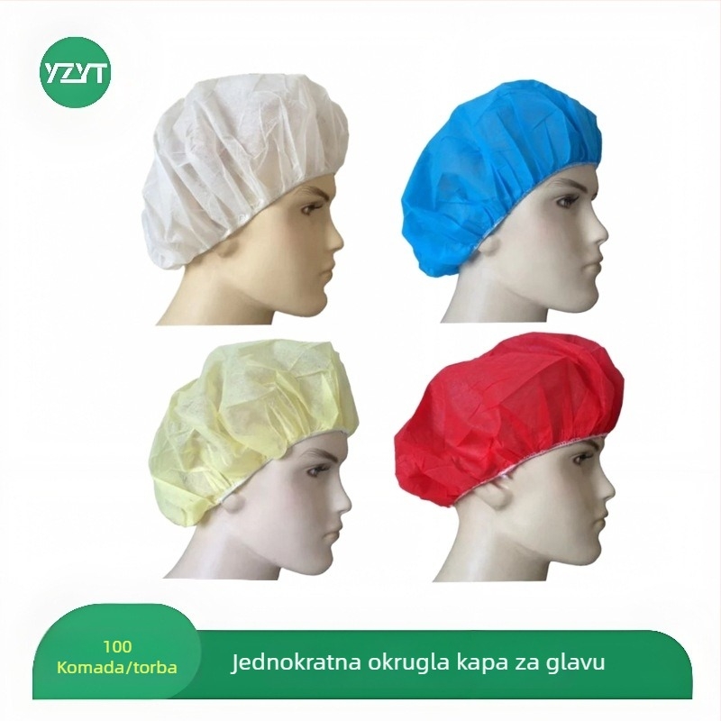 Jednokratna kružna kapa od PP netkanog materijala s prozračnim otvorima; zaštita od prašine i dlaka; pogodno za prehrambene tvornice i čiste sobe; 10/20/30 g/m²; 100 komada u pakiranju.