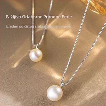Ogrlica od sterling srebra s perlom, kutijasti lanac, lagani luksuzni stil, duljina 41–50 cm
