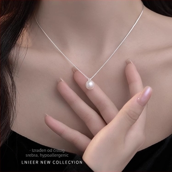 Ogrlica od sterling srebra s perlom, kutijasti lanac, lagani luksuzni stil, duljina 41–50 cm