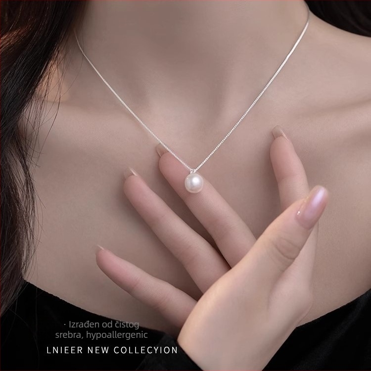 Ogrlica od sterling srebra s perlom, kutijasti lanac, lagani luksuzni stil, duljina 41–50 cm