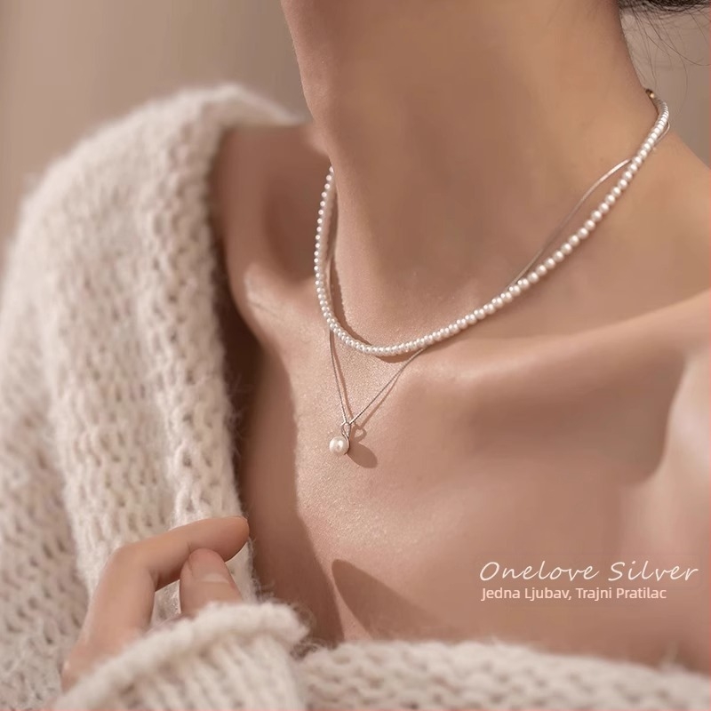 Ogrlica od sterling srebra s perlom, kutijasti lanac, lagani luksuzni stil, duljina 41–50 cm