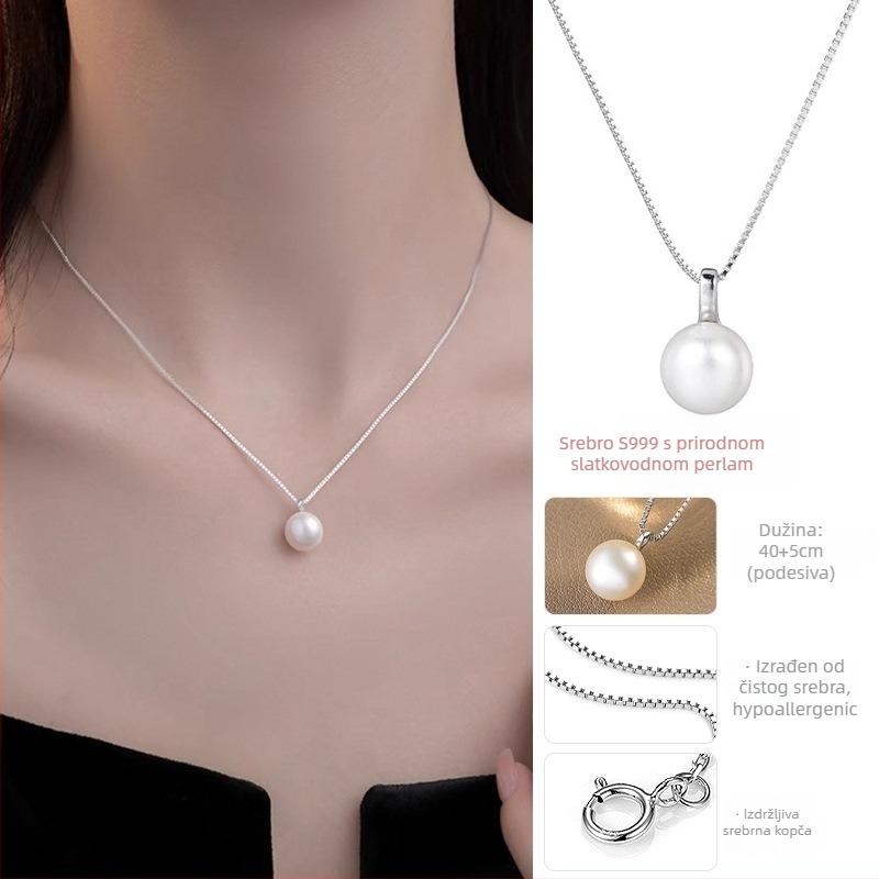 Ogrlica od sterling srebra s perlom, kutijasti lanac, lagani luksuzni stil, duljina 41–50 cm