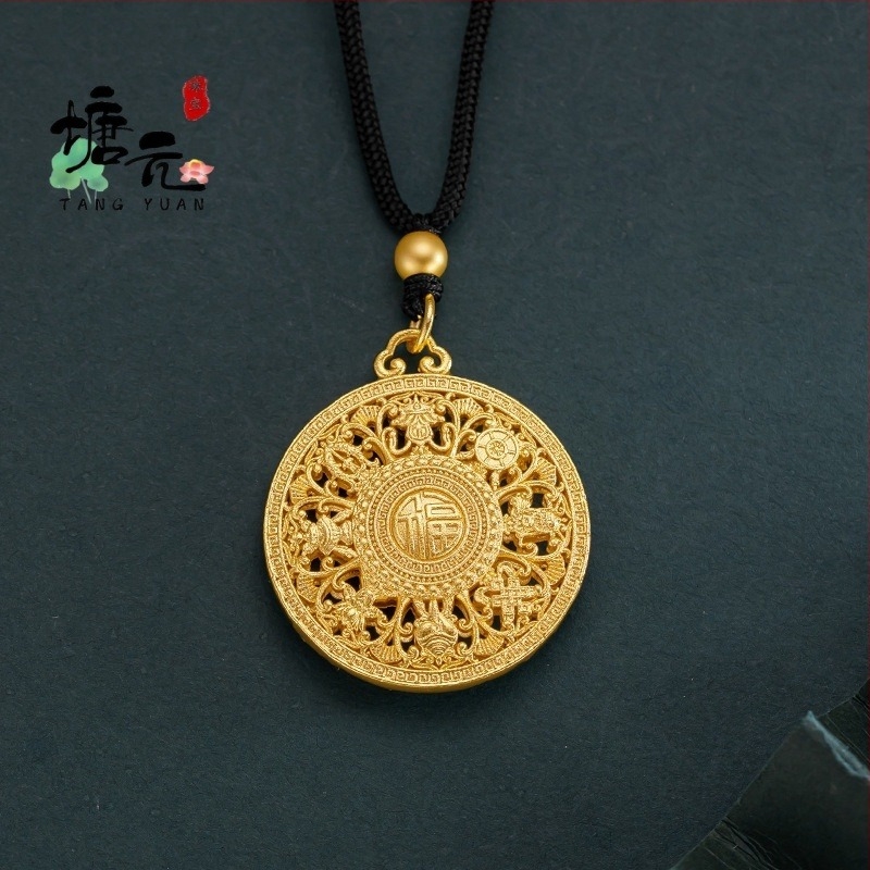Unisex ogrlica s velikim šupljim kompasom s osam blaga, Fu talisman, antički stil, crni konopac