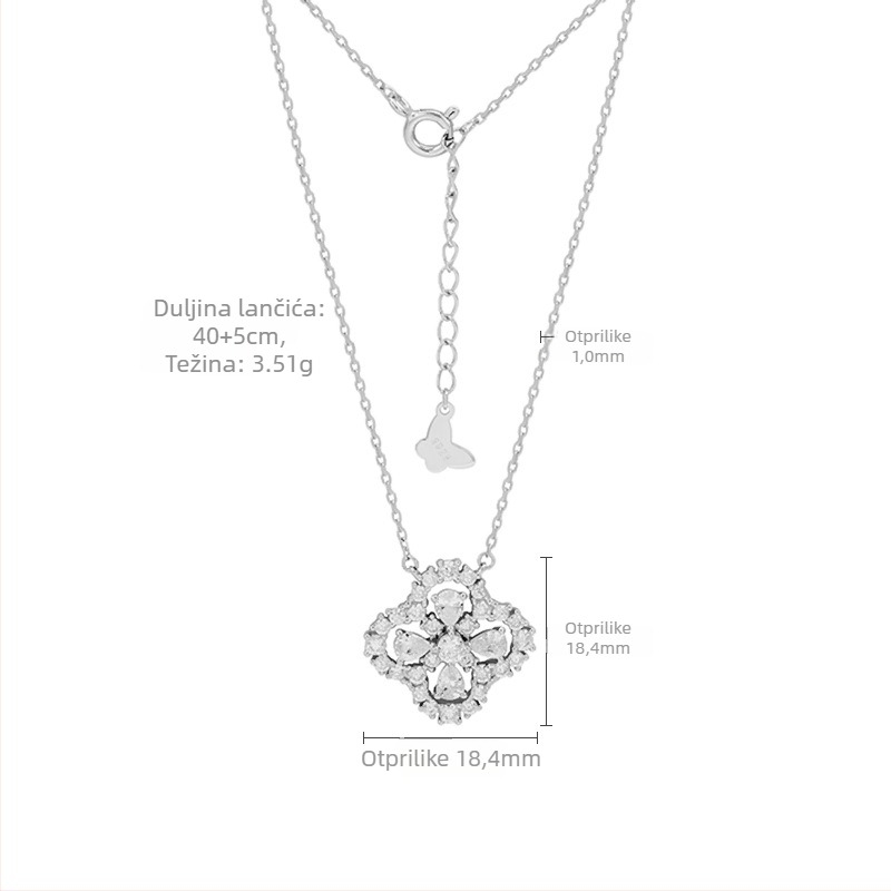 Ogrlica od S925 srebra s četverolistom djetelinom, cirkonijem, križni lanac, težina 3,51 g