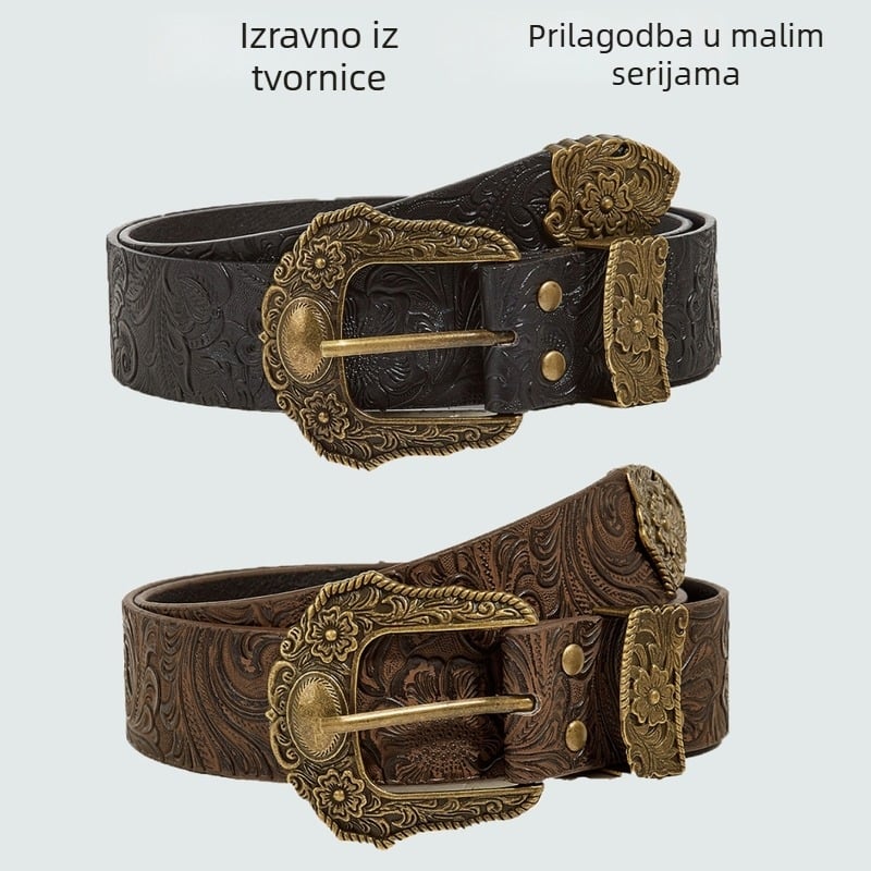 PU kožni pojas za traperice, vrhunske kvalitete, Y2K boemski etnički stil, svestran kaiš s pin kopčom, širina 2–4 cm, veličina S, reljefni i elektroplatirani završetak