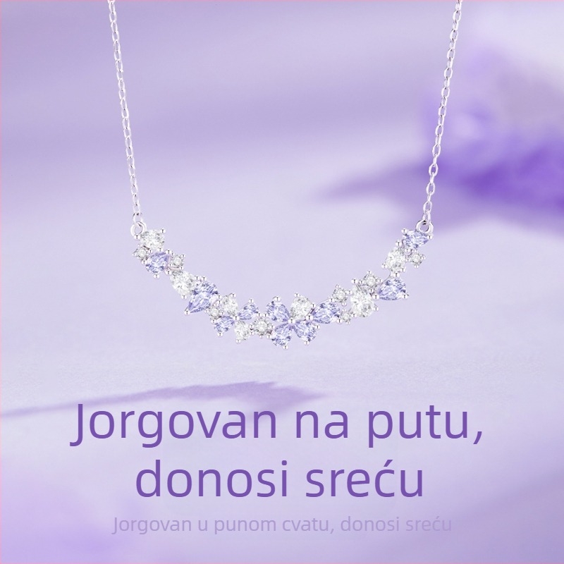 Srebro S925 lančić s privjeskom cvijeta od cirkonija, križnim lancem, lagani luksuz