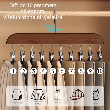 Drvena vješalica s 10 klipova, višenamjenski organizator garderobe, model FFF2DD, za deke, donje rublje, hlače, čarape, košulje, šalove i kravate