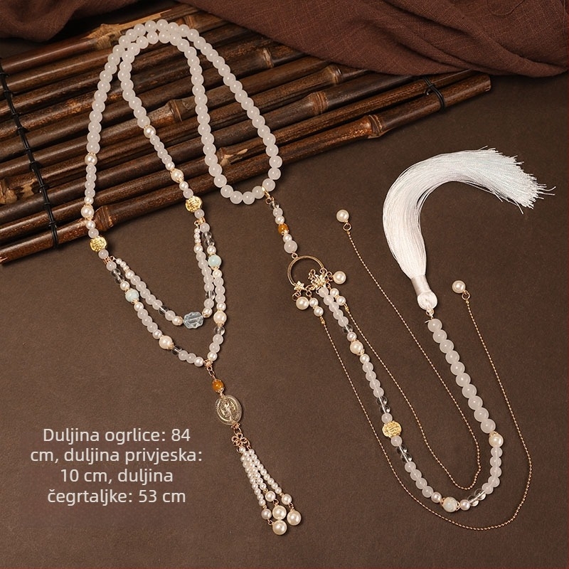 Unisex ogrlica Hanfu s privjeskom u obliku konjske glave, resice, Ming stil dugovječnosti, U-oblik dizajn, stakleni privjesak, lanac s kuglicama 81 cm i više